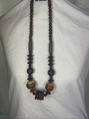Earth-Tone Wooden Bead Necklace — Brown